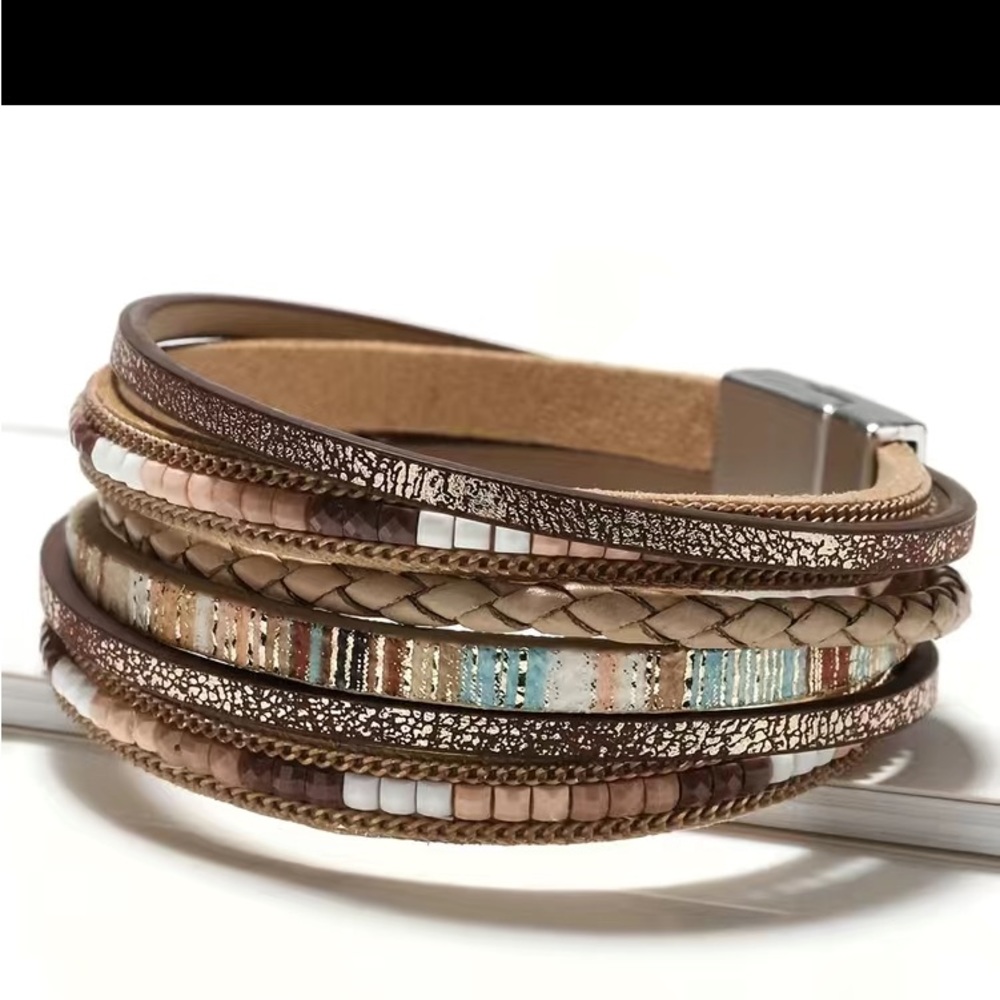 Bohemian Handmade Braided Multilayer PU Leather Bracelet Alloy Magnetic Clasp
